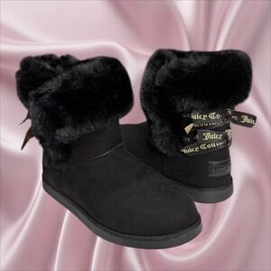 Juicy Couture Black Faux Fur Bow Mini Boots Cozy Y2K Size 9 Coquette Grunge